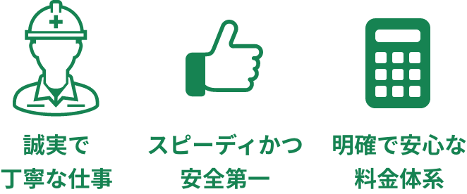 誠実で丁寧な仕事・スピーディーかつ安全第一・明確で安心な料金体系